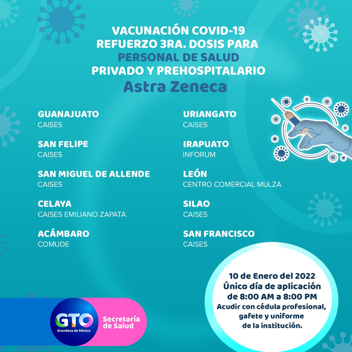 saludgobgente's tweet photo. ⚠Atención Personal de Salud Privado y Prehospitalario 10 de enero único día de aplicación 3ra. Dosis, presenta tu gafete y cédula profesional.💉 https://t.co/bC50Lm2db8