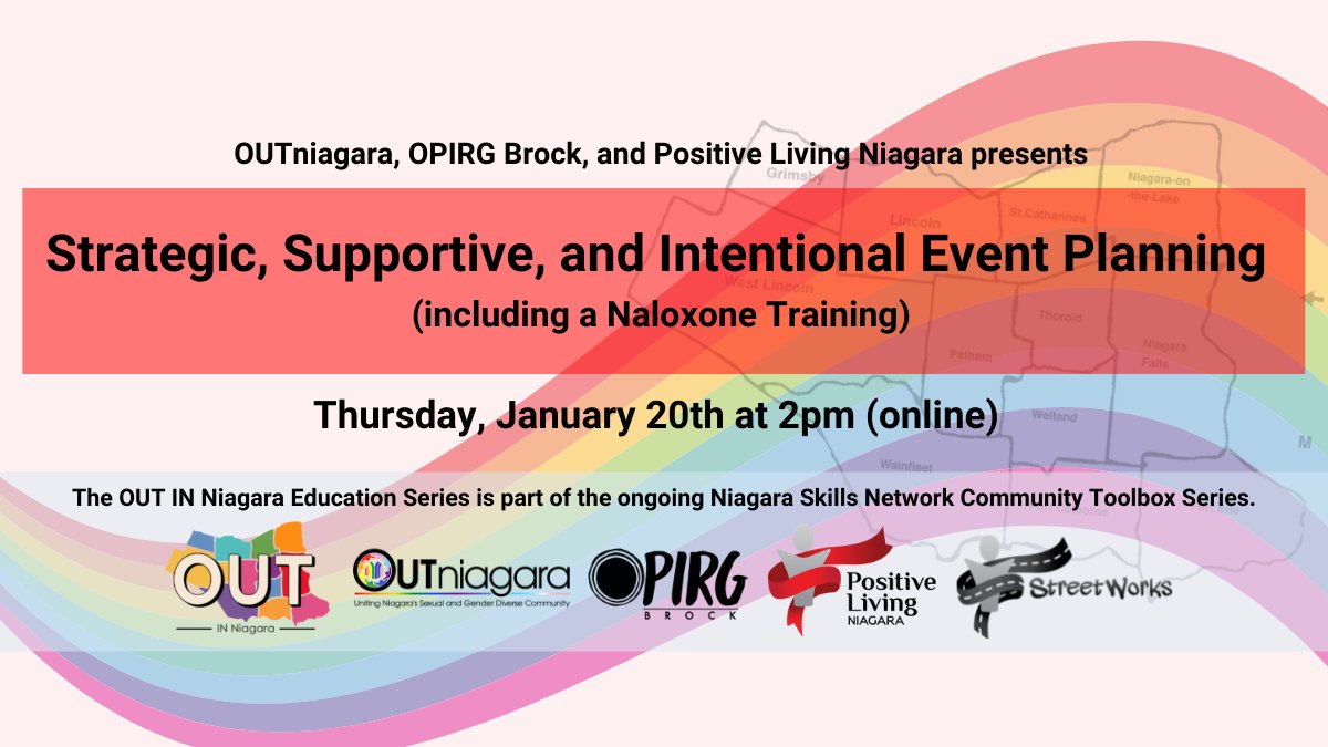 outniagara's tweet photo. On Thursday January 20th, 2022, join us, alongside @BrockOPIRG, &amp; Positive Living Niagara for a free online workshop on Strategic, Supportive, and Intentional Event Planning (+ Naloxone training)! 

Registration link: https://t.co/wrAbEoyN0l

#OUTniagara #OUTINNiagara https://t.co/GbEDu37Ykw