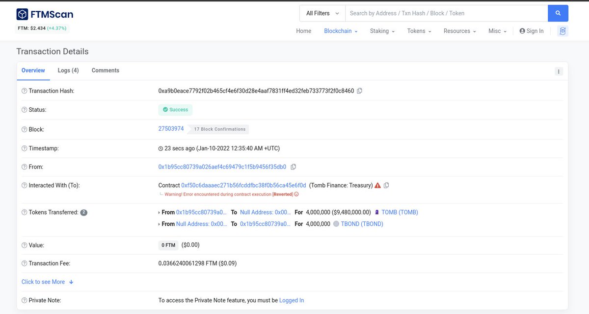 Happy Monday Frens! I Just Purchased  4M ($9.6M USD) $TBOND on <a href="/tombfinance/">The Game of Tomb 👻</a> $TOMB $FTM ftmscan.com/tx/0xa9b0eace7… $TOMB is LIFE and LIFE is $TOMB 🤣😍🪦🤑