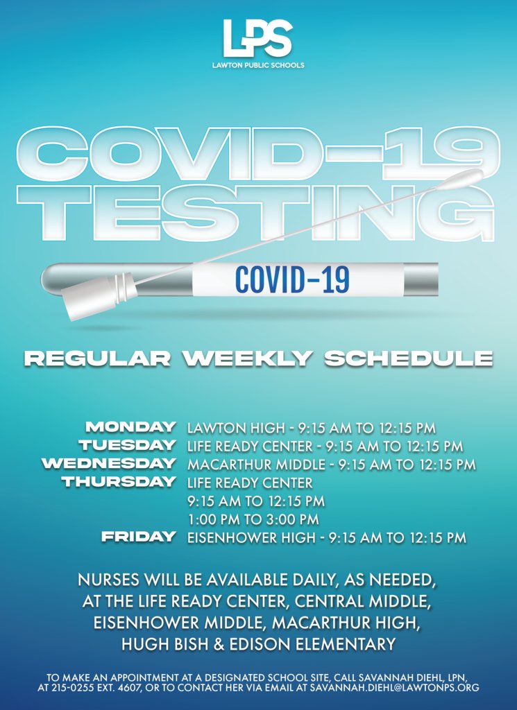 Tmslawton's tweet photo. LPS Family: Just a friendly reminder of our COVID testing schedule if you are in need of a test. https://t.co/K2j9ddgEdn