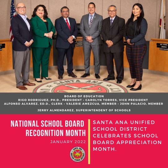Santa Ana Unified School District is proud to join more than 1,000 others in California in recognizing the contributions of board members during School Board Recognition Month. #WeAreSAUSD #SAUSDstrong #BetterTogether