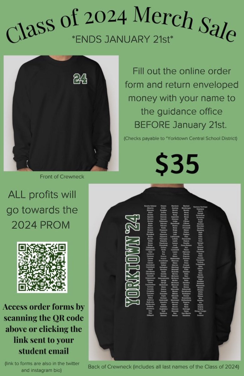 12 days left of our fundraiser! Please
make sure to buy a crewneck to help raise money for our
prom! All you have to do is fill out the order form (link in
bio) and return your money to guidance!