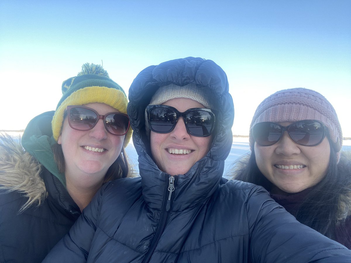 sarahch23237089's tweet photo. It’s 1 degree and it’s supposed to get to -15 tonight. We are usually here mid June. It’s a tad different. But, us ladies are in our happy place. Standing on the lake looking at the island. #HideawayResort https://t.co/XH9pdRH7zi