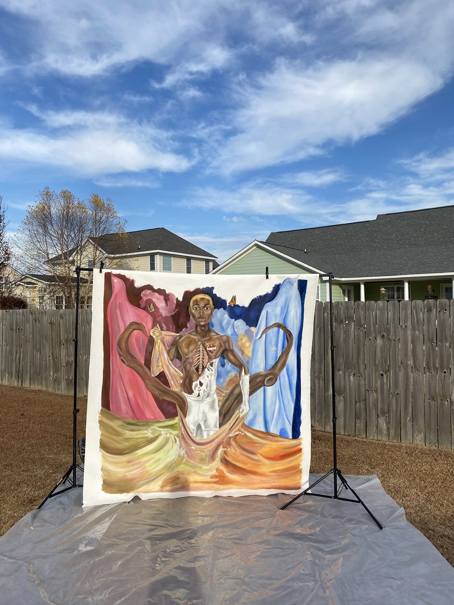 iamrobertxavier's tweet photo. Wish It Was Easy // oil, graphite &amp; gold leaf on unstretched canvas // 72 in x 84 in ✨🦋

in light of submitting my first application for graduate school, I thought it’d be right to finally let him be seen… https://t.co/nRQtzscjyW