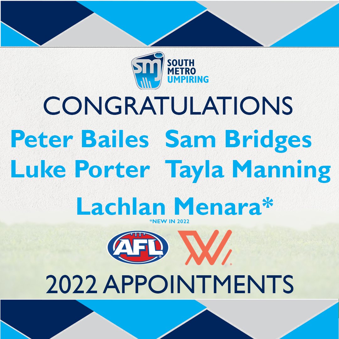 Congratulations to @smjflumps Peter Bailes, Sam Bridges, Luke Porter, Tayla Manning and Lachlan Menara on their appointments for the 2022 <a href="/aflwomens/">AFL Women's</a> season. 

We wish you all the best for the season.