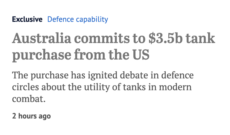 MichaelWestBiz's tweet photo. Finally some good news! Peter Dutton has spent $3.5bn buying us some tanks https://t.co/g0ODjGHfMl