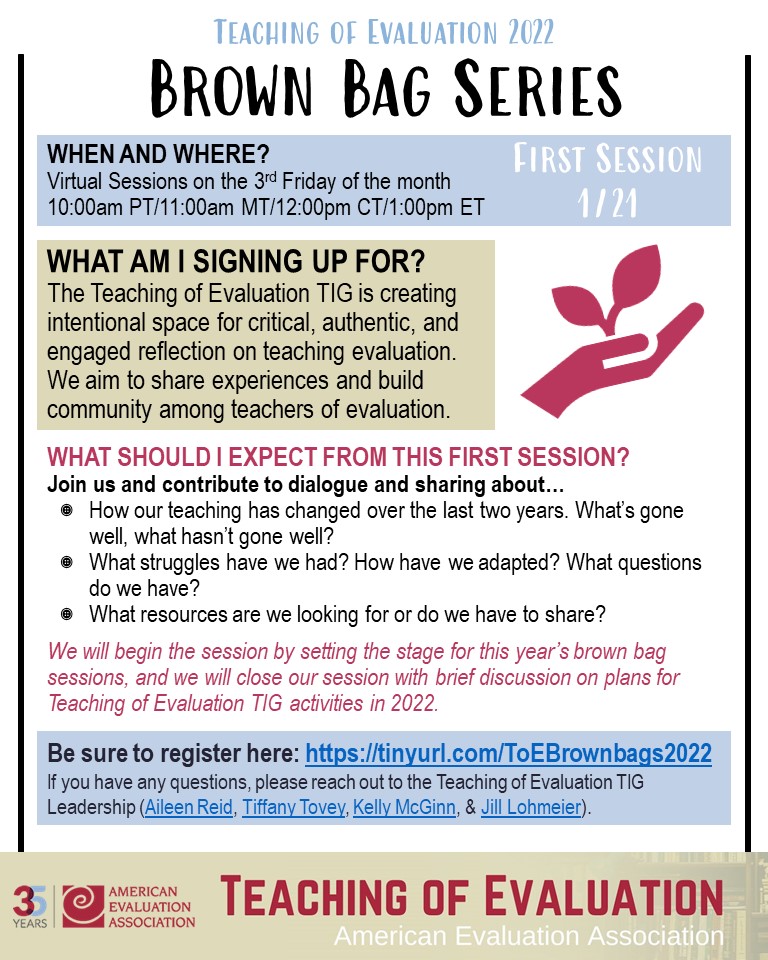 Join us!!! 

Register here: tinyurl.com/ToEBrownbags20…

#TeachingOfEval #eval #ReflectOnEval <a href="/aeaweb/">Evaluation Headlines</a>