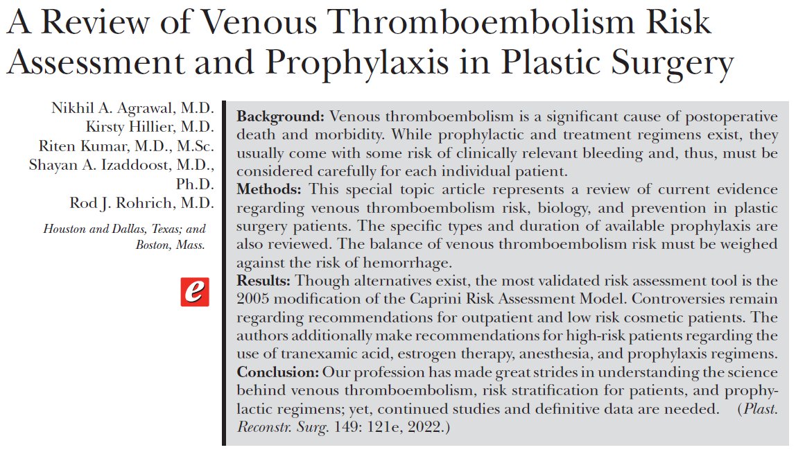 Great strides made in plastic surgery to prevent thromboembolism. An excellent article to keep us informed: bit.ly/3qbDIPk

#PRSJournal #SpecialTopics #PlasticSurgery