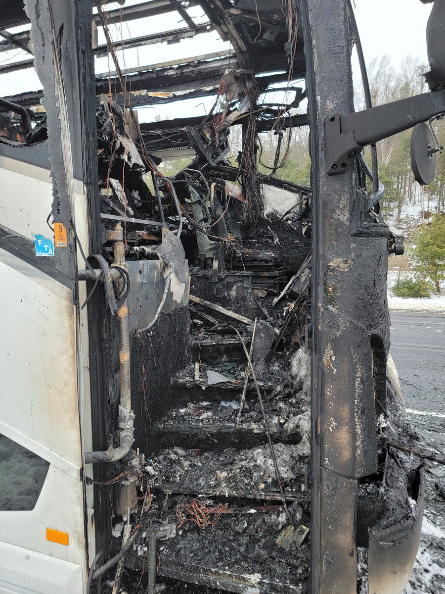 UVFDstation72's tweet photo. At approximately 1:30PM, we responded to a fully involved coach bus fire on I-84 E near the Massachusetts state line. The highway was closed and mutual aid from @SturbridgeFD was requested. https://t.co/lHJUTuJ4dj