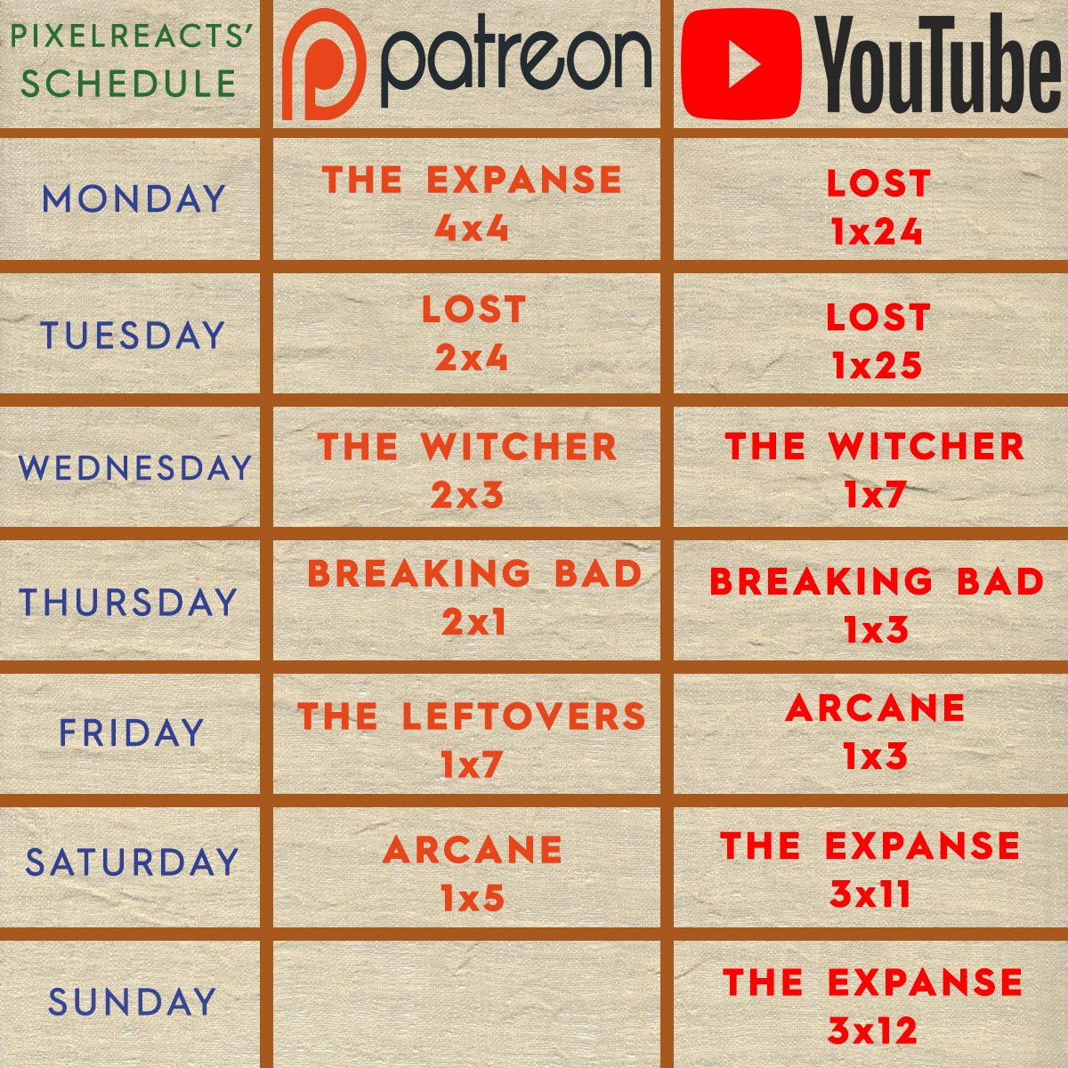pixelreacts's tweet photo. Sorry for the long hiatus guys.  I was too busy to make time for Youtube, but now I'm BACK! Here's the schedule for this week. https://t.co/x9mIBW7vNG