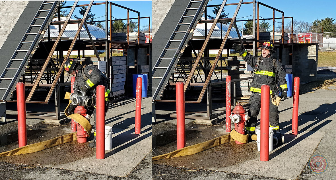 MassDFS's tweet photo. During Hose Evolution 2 for #Recruit #Class298, the “hydrant position” FF wraps the 4" feeder line at the hydrant &amp; gives the signal to “GO” once the hose is secured. This FF will establish the water supply from the hydrant &amp; move up to the 1st backup position on the attack line. https://t.co/0WWsx7cI7T
