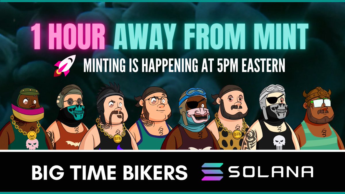 bigtimebikers's tweet photo. 1 HOUR and the Mint is live for @bigtimebikers. 🚀⏰🤩 
The roadmap is fire &amp; the metaverse and game is coming! 💥 Ride on over and join the best biker gang on the #Solana blockchain! 🏍💨 NFTdrop #NFTMint #NFTCollection #MintAlert 🚨 https://t.co/VRHYzYgz2T