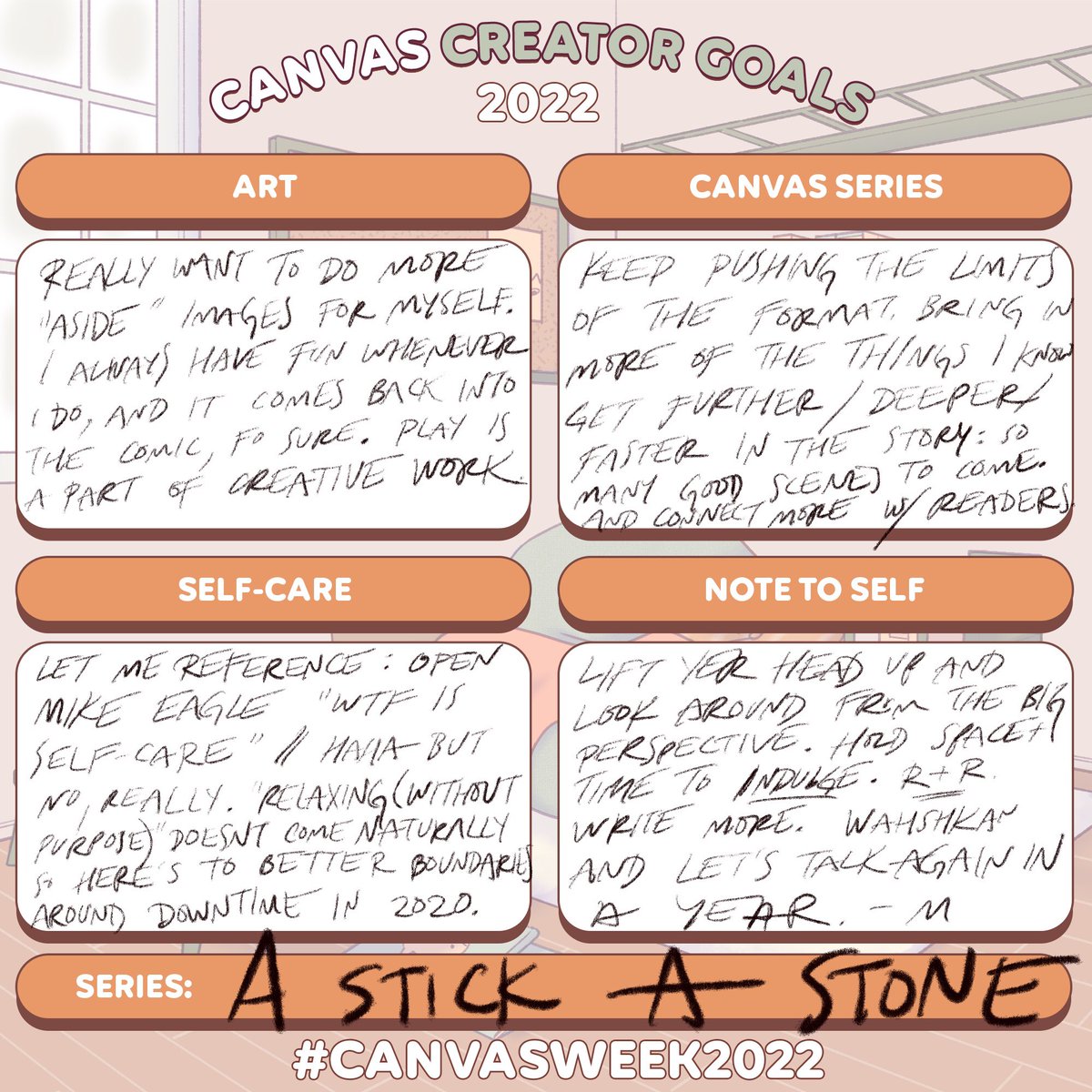 ASAScomic's tweet photo. We've really enjoyed taking part in #CANVASWeek2022 and wanted to round out by posting our own creator goals for the upcoming year! It's already been such a wild ride, y'all; we can't wait for what comes next! @webtooncanvas #WEBTOON https://t.co/swUQVJIPwJ