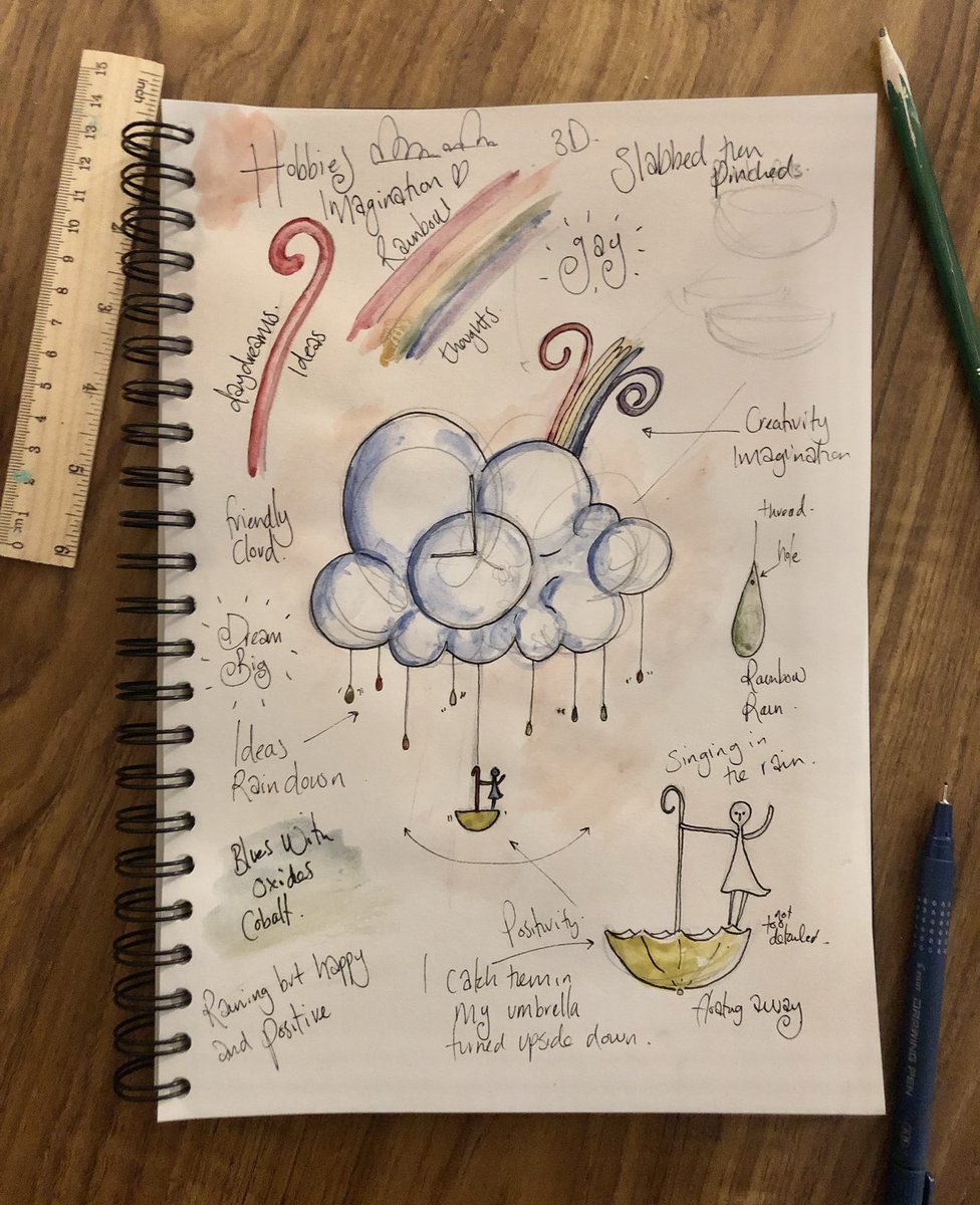 AdamCeramic's tweet photo. Ok I LOVED this week of @PotteryThrow! I’ve never made a clock and hand building any shape from clay is my fave. 
I spent the last half sketching what my clock would be - based on my hobby of spending my day imagining wonderful things ☁️🌈🕰#PotteryThrowdown https://t.co/qkUjsBPDPu