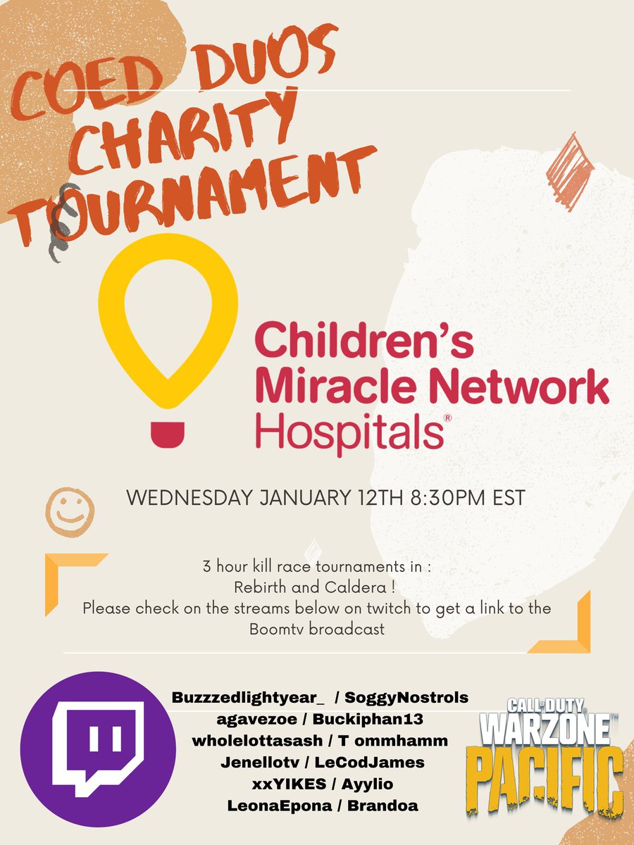 EricSFW's tweet photo. Here is info regarding the participants in the @CMNHospitals Coed Duo Tournament on Wednesday. More info to come in regards to how you can help, support, watch, hang out, get involved etc! So excited .... #TeamAgave #TwitchCharity #twitchstreamer #gamingcommunity #smallstreamer https://t.co/rU0Dn4XQji