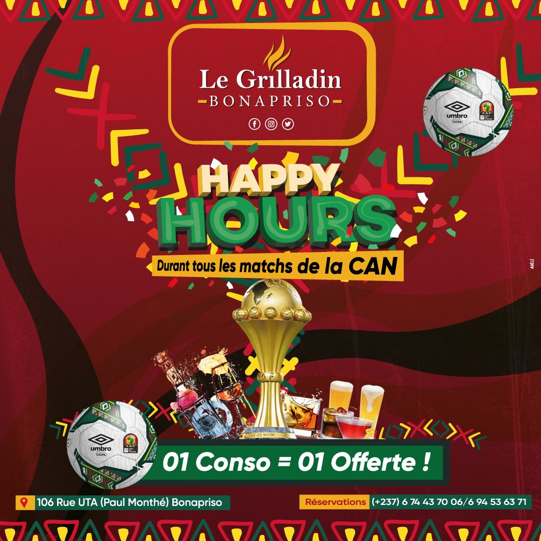 le_grilladin's tweet photo. A tous nos invités, passionnés de football africain , nous vous souhaitons une belle compétition  et n’oubliez pas de prendre des forces à travers nos menus made in cameroon !

#CANTotalEnergies2021
#OrangeSponsorsYou https://t.co/MCmxtf094p