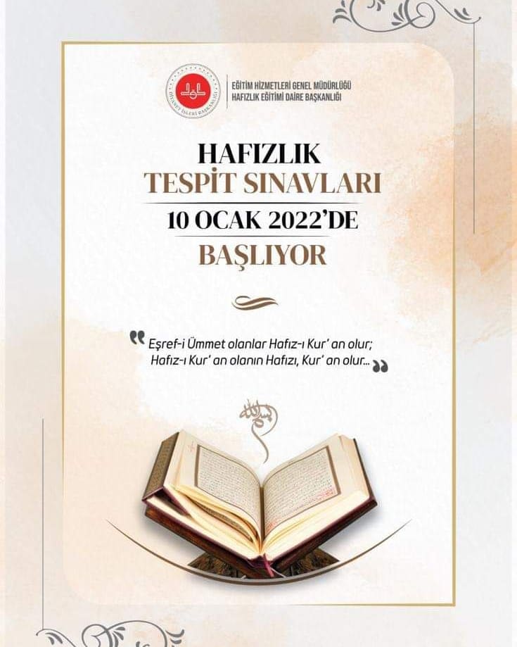 Diyanet İşleri Başkanlığı uhdesinde 10 - 21 Ocak tarihleri arasında yapılacak olan 2022 yılı 1. dönem Hafızlık Tespit Sınavına katılacak tüm hafız  kardeşlerime başarılar diliyorum. 
Allah zihin açıklığı versin.
