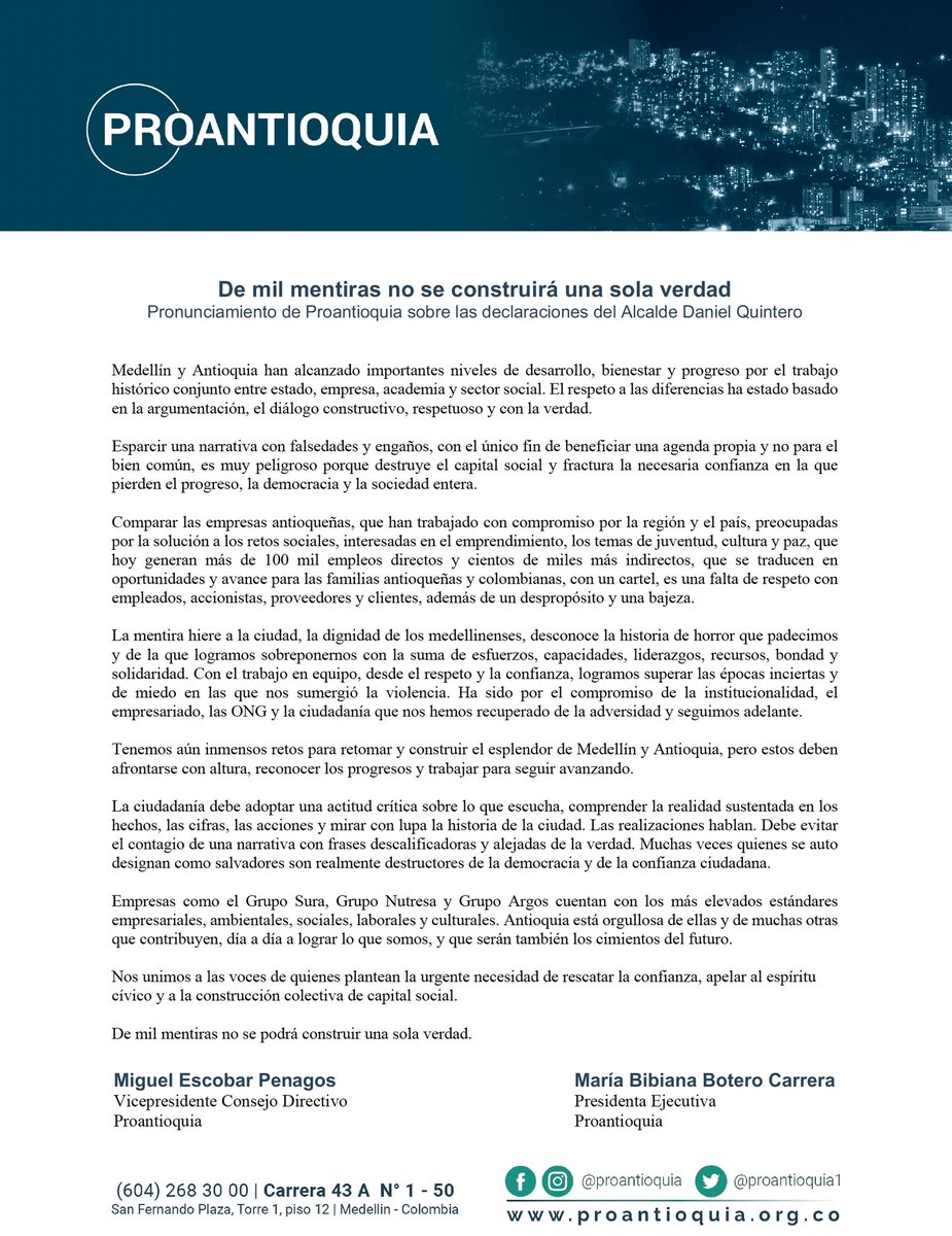 proantioquia1's tweet photo. Esta es nuestra posición frente a las recientes declaraciones del Alcalde de Medellín Daniel Quintero. https://t.co/D0GNKc72wi