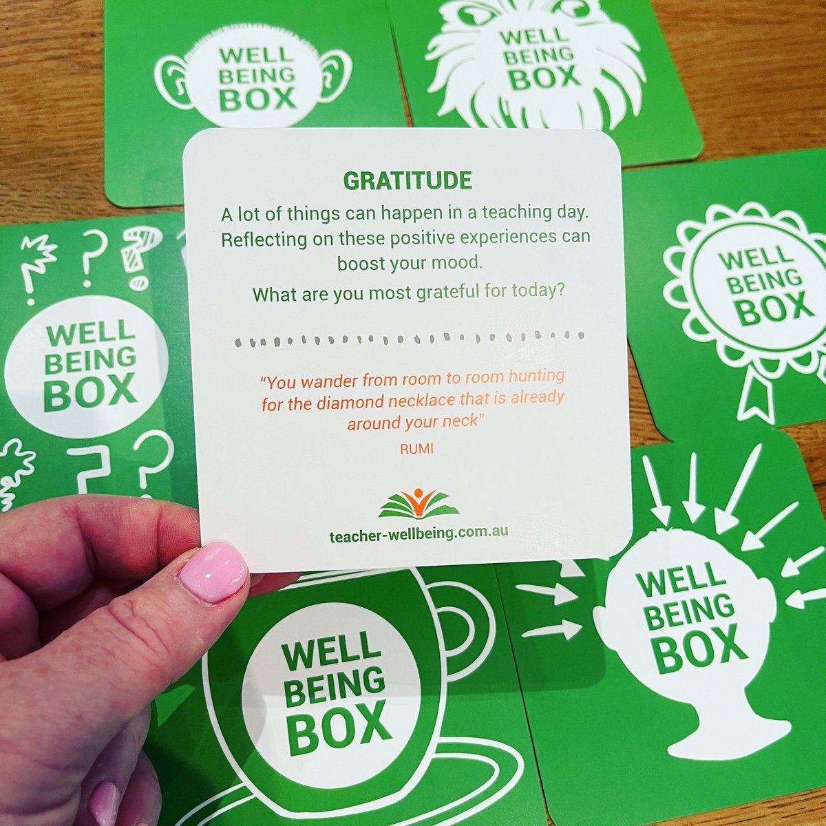 DFalecki's tweet photo. Day 1 of the 7 days of wellbeing. 
Todays message from my Wellbeing box of cards is GRATITUDE. 

#teacherwellbeing #wellbeingbox #teachersmatter #gratitude #selfcare https://t.co/t4vCQJoTzM