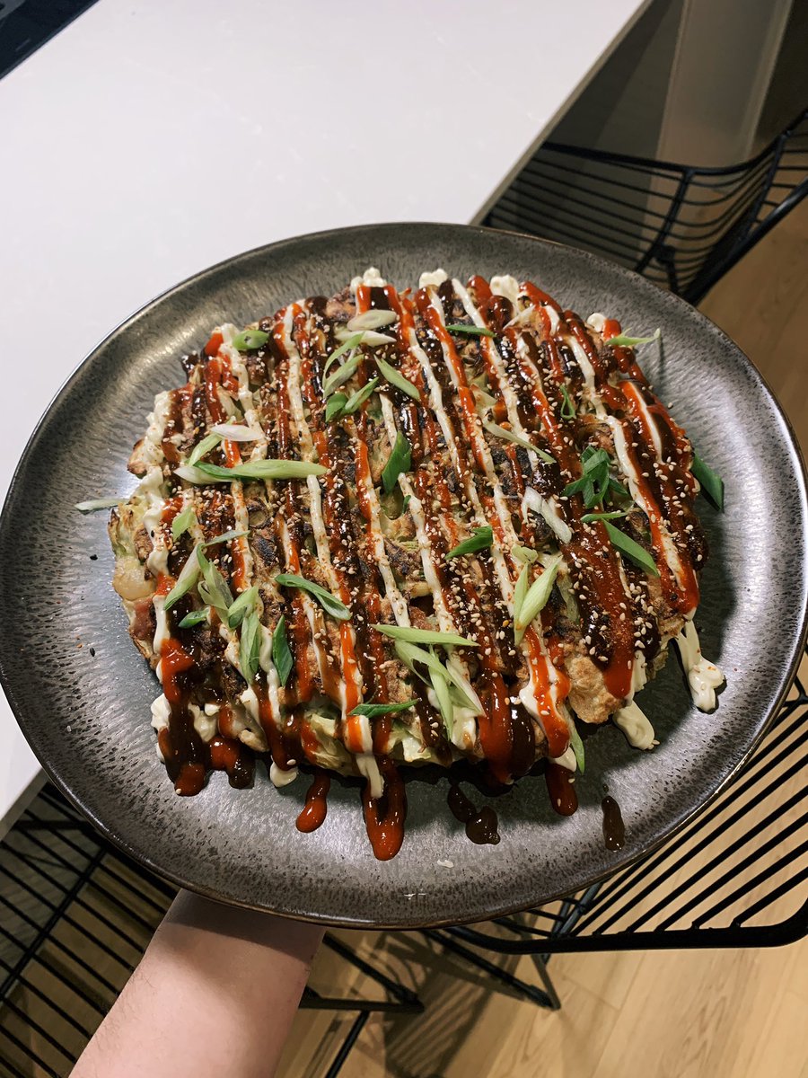 LiamHodgeon's tweet photo. @colly I bloody love an okonomiyaki! I don’t see many places in the UK making them at all. Cook them regularly at home though. Did this one the other day 👌🏻 https://t.co/s6UzJy2ghm
