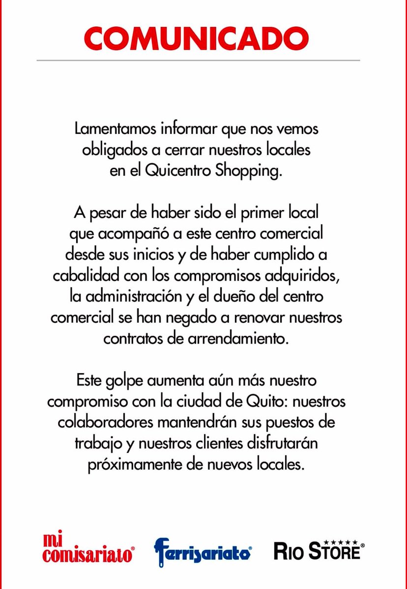 DanielAcostag's tweet photo. #Quito norte: 👋🏼 Se van de #Quicentro Shopping: #MiComisariato, #Ferrisariato y #RioStore. Un comunicado publicitado en Instagram explica que el dueño del C.C. se negó a renovar el contrato de arriendo. ⤵️ https://t.co/fRGDXdjqPN