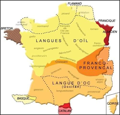 m_neumuller's tweet photo. Du coup je suis content que cette carte affiche l'unité de l'occitan, dans sa variété... mais je me demande pourquoi la langue d'Oil, elle, est atomisée par ce pluriel ?🤔 Un linguiste dans la salle ? (Ah! préférez Arpitan à francoprovençal...) https://t.co/KFcQDPsoVw