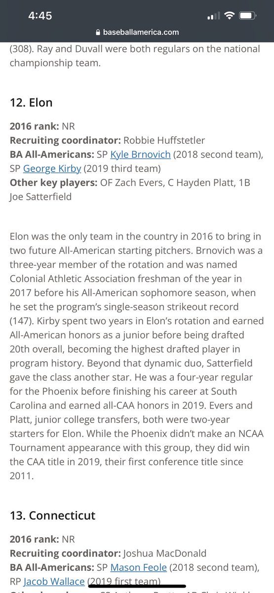RobHuffstetler's tweet photo. Pretty cool moment for our program….@BaseballAmerica went back and reranked the 2016 recruiting classes…Elon baseball came in at #12!  Pretty good players in that class!  #GetYourGoldOn https://t.co/yeNiw5nMsu