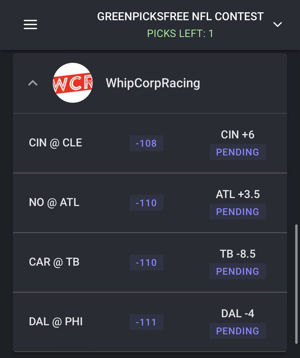 WhipCorpRacing's tweet photo. My Week 18 Picks for the @GreenPicksFREE contest! Saving a pick for the SNF game as is tradition! #WhipCorp #LetsGetIt https://t.co/bkde3ukE2J