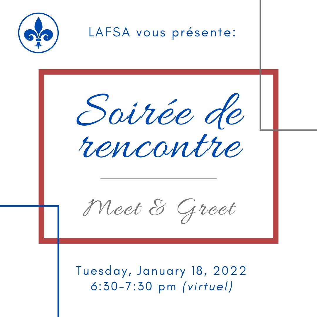 LAFSAtmu's tweet photo. Tout les étudiants aussi que les membres de LAFSA sont bienvenus à notre première soirée de rencontre! Nous sommes ravis de vous rencontrer! Voici le lien Zoom: https://t.co/FYhV8T833N https://t.co/UHHHX6KMoc