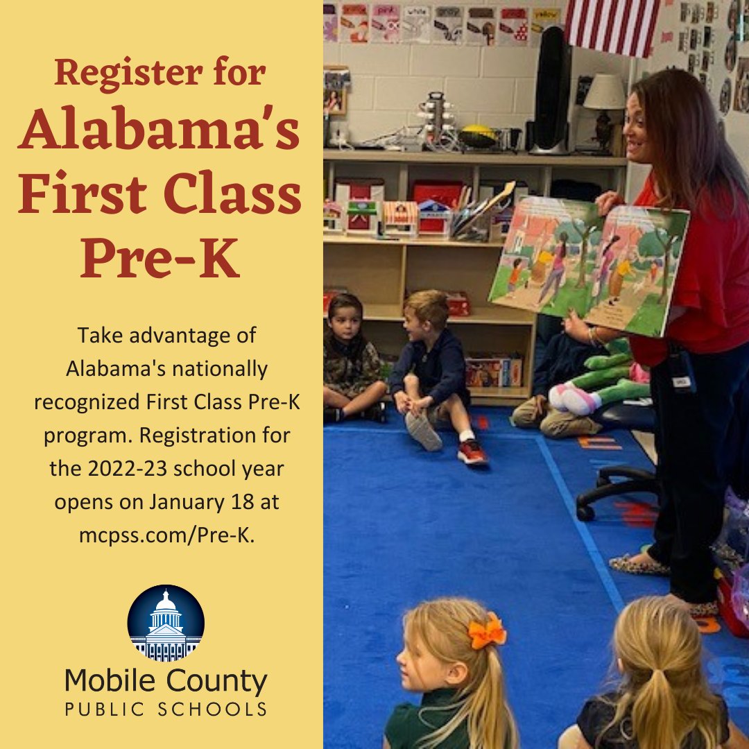 MobilePublicSch's tweet photo. MCPSS Pre-K registration opens on Jan. 18! If you have a child who will be 4 years old on or before Sept. 1, 2022, take advantage of nationally recognized Alabama's First Class Pre-K! For more information, visit https://t.co/ZCG07vTbCK. #LearningLeading #FinishStrong https://t.co/jP57zyxULc