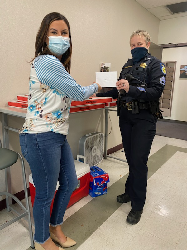 SPDNorthCommand's tweet photo. Thank you Romer, Ed and President Alyssa Lozano with @NatomasChamber for recognizing our officers on Law Enforcement Appreciation Day and bringing them some pizza!  I'm sure it won't last long! @SacPolice https://t.co/hePbQ8iZBP