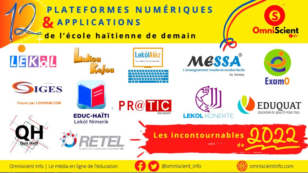 Omniscient_Info's tweet photo. 12 platfoòm ak aplikasyon ke lekòl nan peyi Dayiti dwe konnen pou lane 2022 a. #UneAutreEcoleHaitienne #EdTech #omnscientinfo #Lekol #Messa #SIGES #LakouKajou #LekòlAlèz #EduquatHaiti #PRATIC #LekolKonekte #QuizHaiti #RETEL #ExamO #EducHaitiLekolNimerik #KatagmaTIC https://t.co/CstQQzf5Rr
