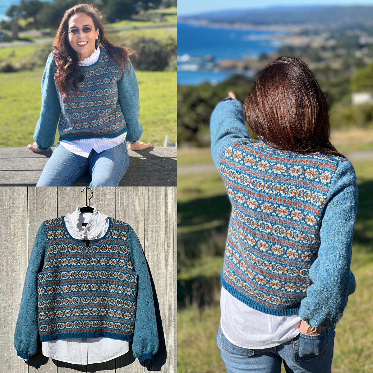 HarmeetKDhillon's tweet photo. Finished my Roosty pullover, a @ShetlandWoolWk design by Ella Gordon made w/@Shetland yarn. Designed as a vest โ something I donโt really wear โ I added balloon sleeves with a floral lace pattern; also added length, Italian sloped shoulder. #knitting #knittwit #imadeit #fairisle https://t.co/Y40CzJJubl
