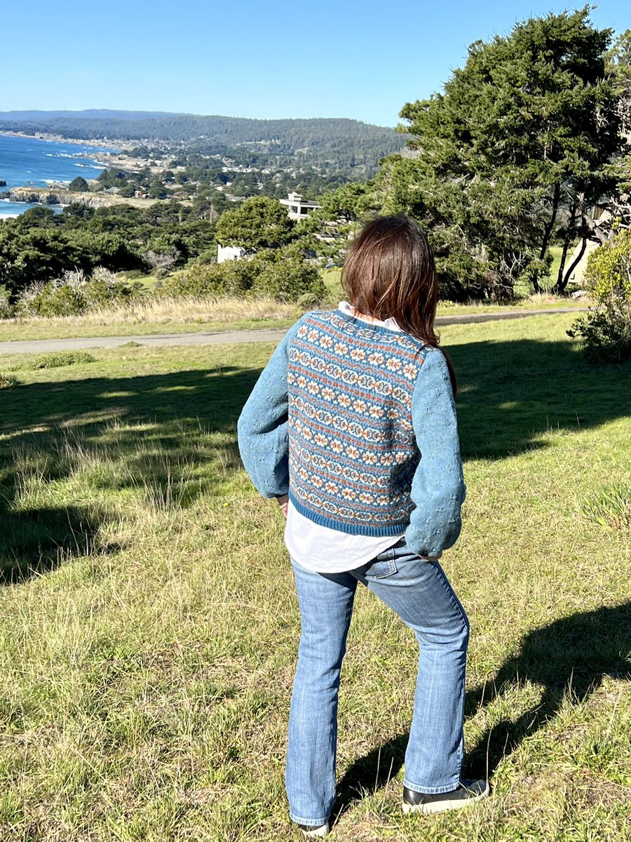 HarmeetKDhillon's tweet photo. Finished my Roosty pullover, a @ShetlandWoolWk design by Ella Gordon made w/@Shetland yarn. Designed as a vest โ something I donโt really wear โ I added balloon sleeves with a floral lace pattern; also added length, Italian sloped shoulder. #knitting #knittwit #imadeit #fairisle https://t.co/Y40CzJJubl