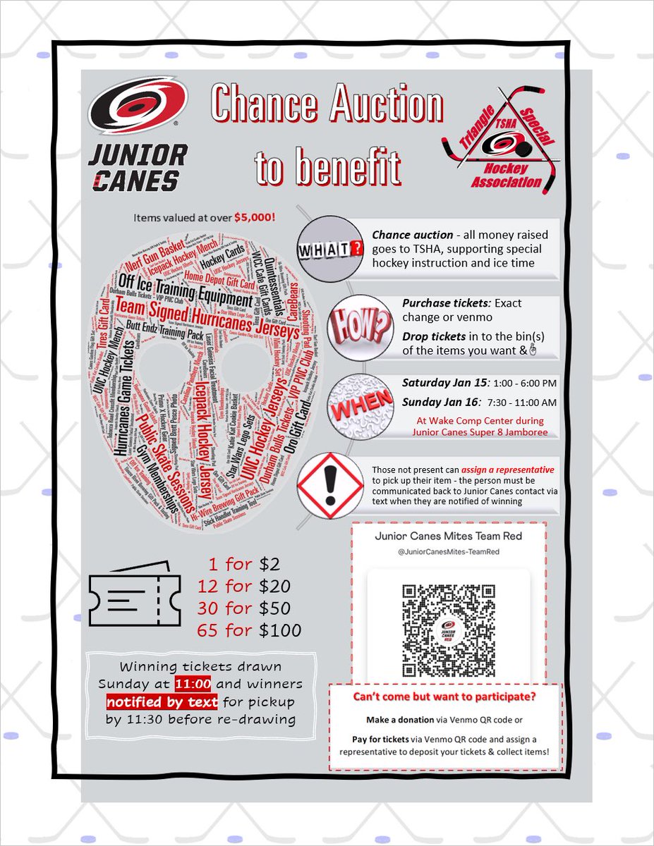 Andrea Peterson (@ncsuperwoman) on Twitter photo Amazing service project for <a href="/JuniorCanes/">Carolina Junior Canes</a> Super 8 teams to support Triangle Special Hockey Association!
Please take a look at/share the flyer, come to WCC to support the 8u teams and TSHA, donate via QR code (and let a Super 8 family know if you need them to get tickets for you!) Amazing service project for <a href="/JuniorCanes/">Carolina Junior Canes</a> Super 8 teams to support Triangle Special Hockey Association!
Please take a look at/share the flyer, come to WCC to support the 8u teams and TSHA, donate via QR code (and let a Super 8 family know if you need them to get tickets for you!)