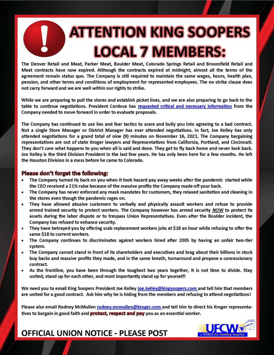 UFCW_7's tweet photo. 🚨🚨 King Soopers Local 7 members, Please click the link to read todays update. 🚨🚨  https://t.co/fhN3UirJNd https://t.co/EQdkQaqhR5