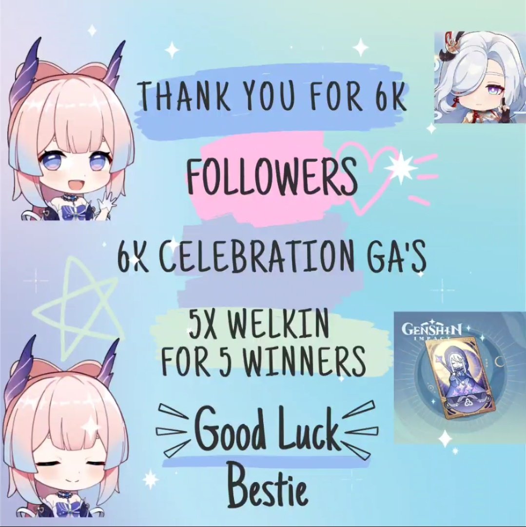 Thank you for 6K 🎉

Rules 🐝
♡ RT RT RT
♡ Follow <a href="/official_te0/">{CLOSED} 🌼</a> 
♡ Tag 1 friends (they will receive something too)
♡ End by end of January 2022 

#genshintwt #GenshinGA #Welkin

*Thank you for joining this. Good Luck love 🍀