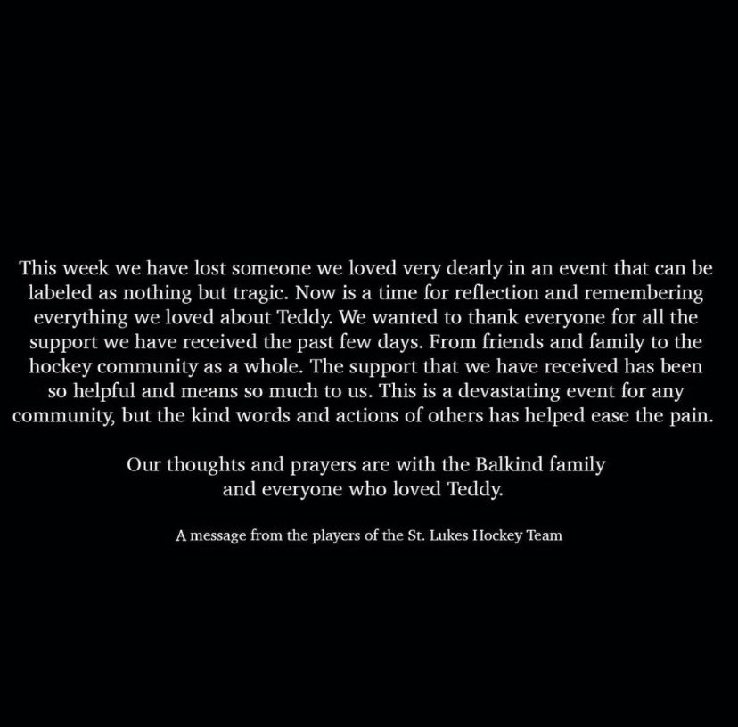 MarissaAlter's tweet photo. REMEMBERING TEDDY: The St. Luke’s Hockey Team posted this message on the loss of teammate Teddy Balkind and the outpouring of support they’ve received from the hockey community and beyond. @News12CT https://t.co/xK4i4f8gX5