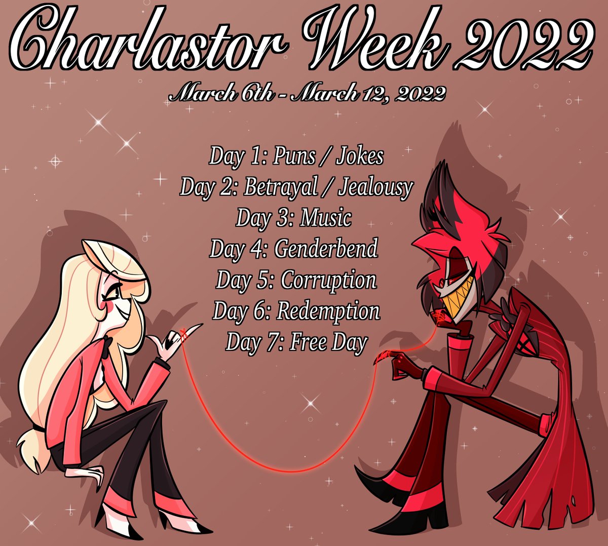 CharlastorWeek's tweet photo. The Charlastor Week 2022 prompt list is here! 

Please look into the following tweets for the guidelines!

#Charlastor #Charlastorweek #charlastorweek2022 https://t.co/DXAaTofleT