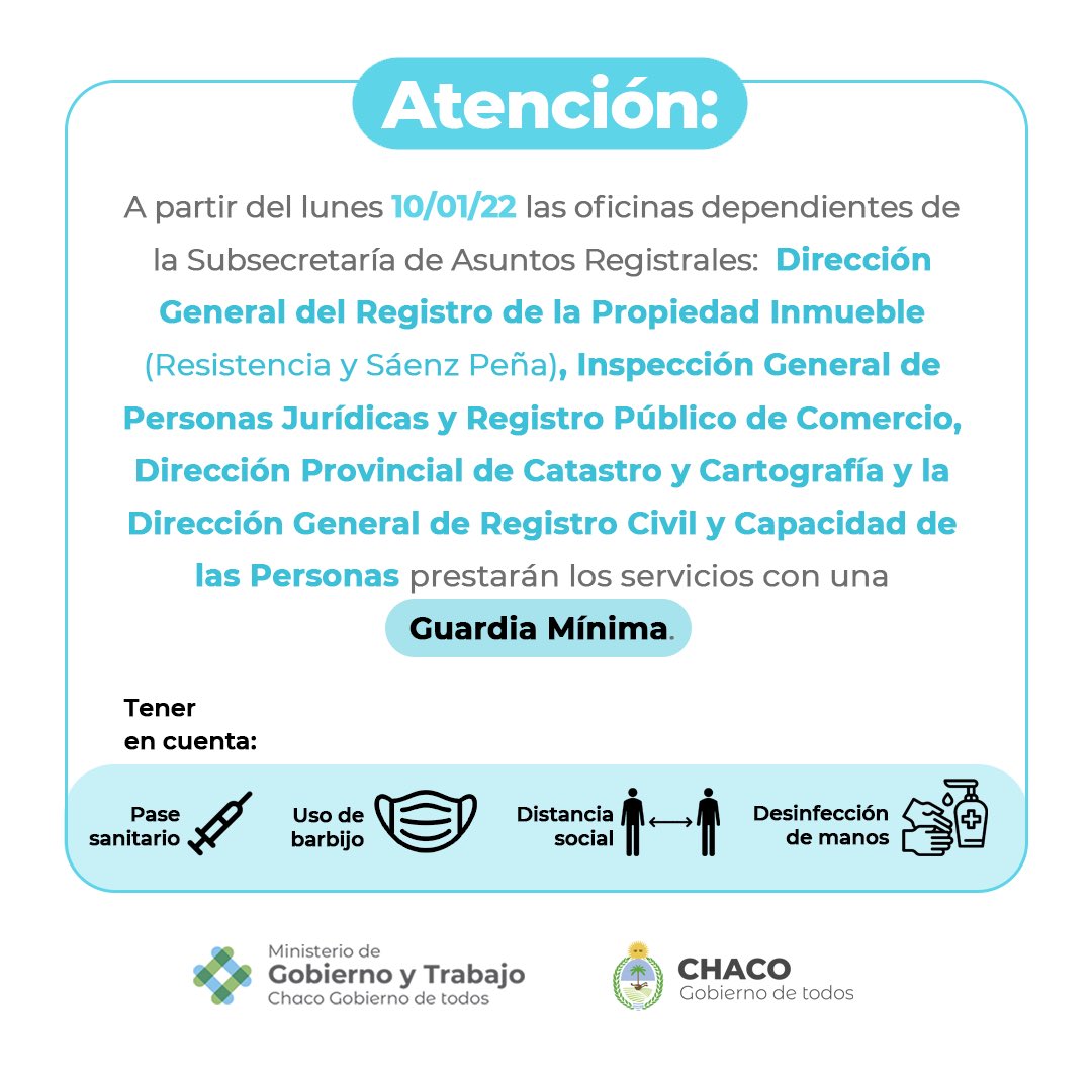 Desde este lunes las oficinas dependientes de la Subsecretaria de Asuntos Registrales abren sus puertas con guardias mínimas y con todos los protocolos sanitarios . 

<a href="/jmcapitanich/">Jorge Capitanich</a> @ChacoDeTodos