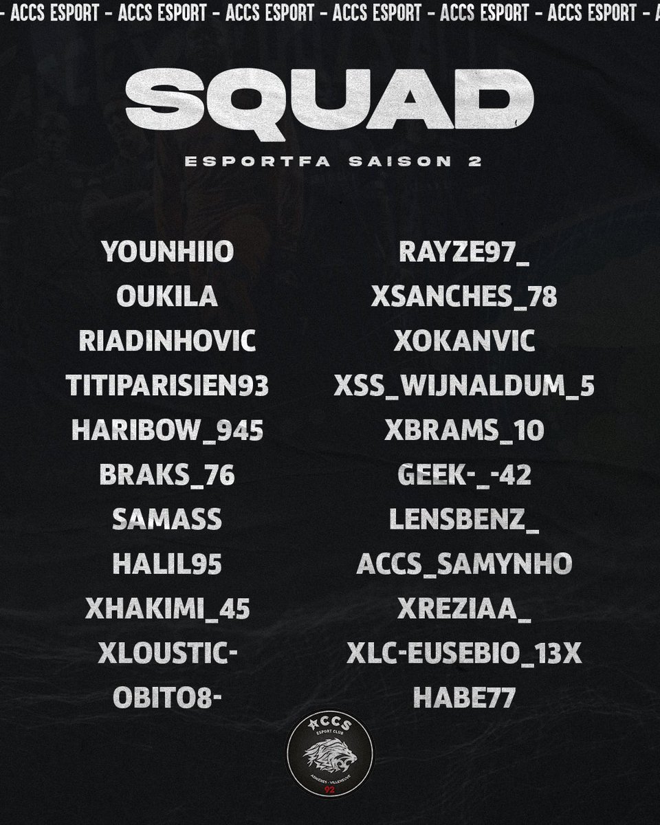 🦁ANNONCE EFFECTIF🦁

<a href="/eSportFA_FR/">ESPORT FOR ASSOCIATIONS</a> 

C’est avec un grand plaisir que nous vous dévoilons notre effectif pour cette saison 2, VAMOS ACCS !! 🦁⚽️

#LionSpirit #ESPORTFA22