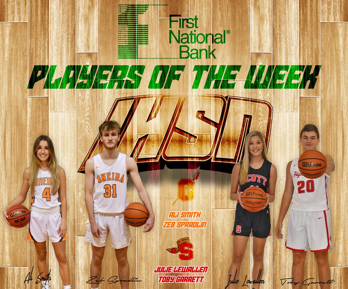 IHVarsity's tweet photo. This week’s First National Bank Players of the Week are:

» Ali Smith, Oneida
» @ZebSpradlin, Oneida
» @JulieLewallen11, Scott
» @tobygarrett30, Scott https://t.co/4lsOFB1TIi