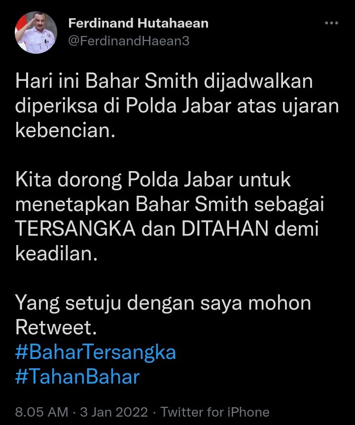 Hari ini <a href="/FerdinandHaean3/">Ferdinand Hutahaean</a> dijadwalkan diperiksa di mabes POLRI atas Kasus Penghinaan terhadap umat beragama

Kita Dorong  Polri untuk menetapkan Ferdinand sebagai TERSANGKA DAN DITAHAN demi keadilan

Yang setuju dengan saya mohon
Retweet
#TangkapFerdinand 
#FerdinandTersangka