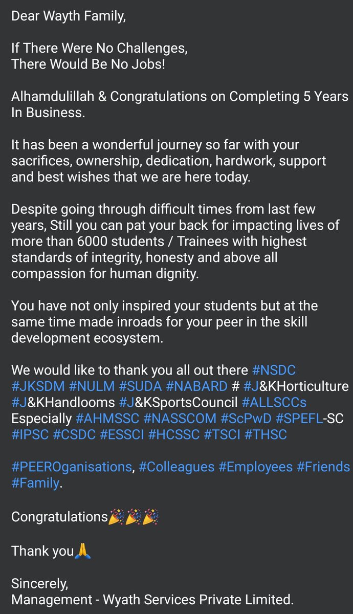 wyathservices's tweet photo. Alhamdulillah &amp; Congratulations on Completing 5 Years In Business &amp;
Impacting lives of more than 6000 Students / Trainees through #Skilldevelopment. 
@nsdc @NITIAayog @SkillJK  @DGT_MSDE @salroo87  @darmudasar @Malik_Muntazir7 @caleemlone  @pgn_suhail @MuzamilBalkh  @SportsSsc https://t.co/FaozRHfeYQ