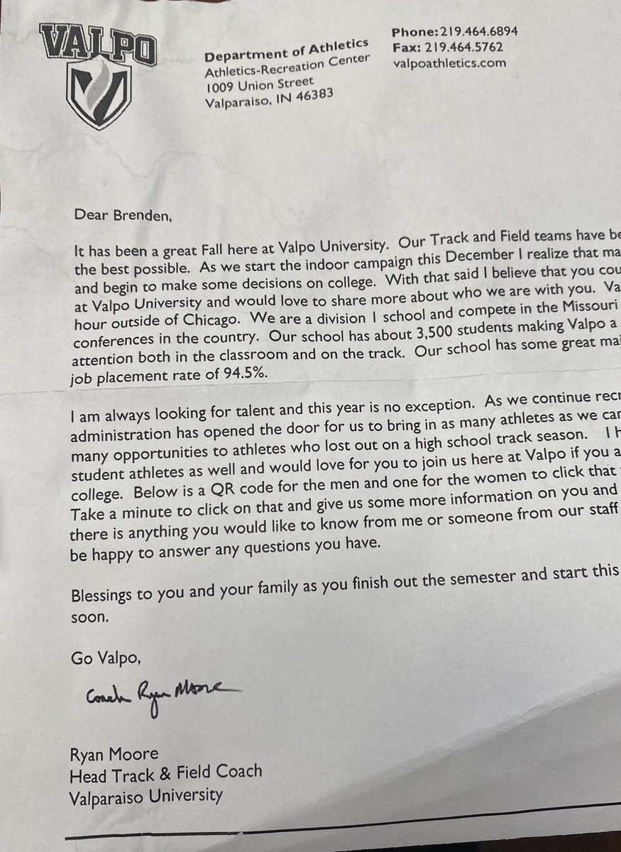 Thank you for the letter from the coaches of Valparaiso Track and Field <a href="/ValpoTrack/">Valpo Track & Field</a>  <a href="/valpoathletics/">Valpo Athletics</a>