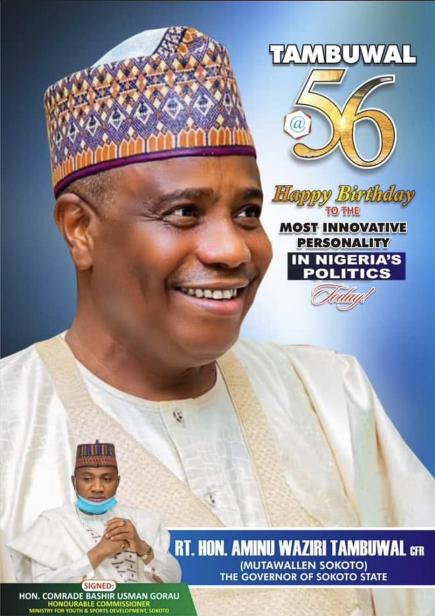 Happy Birthday 🎊🎁🎂 H.E <a href="/AWTambuwal/">Aminu W. Tambuwal</a> May Allah make it easy for you and for us. From all of us in the <a href="/MOYSDevelop_Sok/">Min Of Youth & Sports Dev Sokoto</a> <a href="/ComradeGorau/">The Eagle 🦅</a> we wish you Allah’s khair now and always.