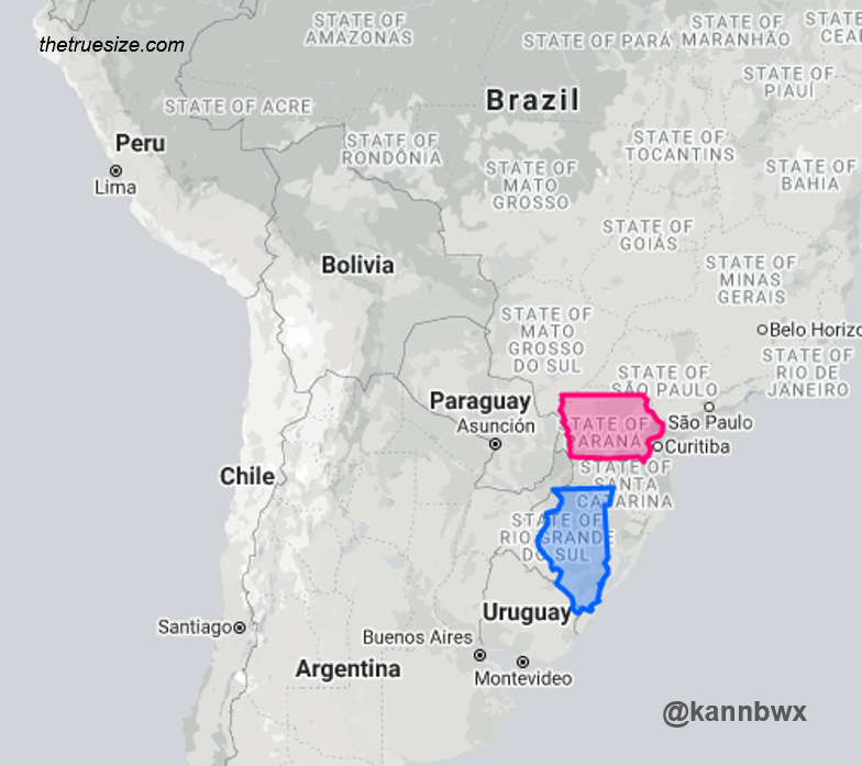 Parana and Rio Grande do Sul produce 30% of #Brazil's #soybeans, and conditions there are very rough right now. Here's Illinois and Iowa superimposed to give a size idea. IL+IA = 29% of U.S. soy crop.

2021/22 soybean plantings:
🇧🇷PR + RS = 29.4M acres
🇺🇸IL + IA = 20.7M acres