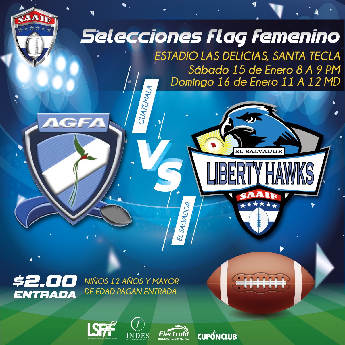 Los invitamos a todos el próximo sábado y domingo a apoyar a nuestra Selección Nacional de Flag Football Femenino en su primer encuentro del año, enfrentándose a la selección de Guatemala.
🏈Sábado 15 de enero - 8P.M.
🏈Domingo 16 de enero - 11A.M.
🎫Entrada - $2
¡LOS ESPERAMOS!