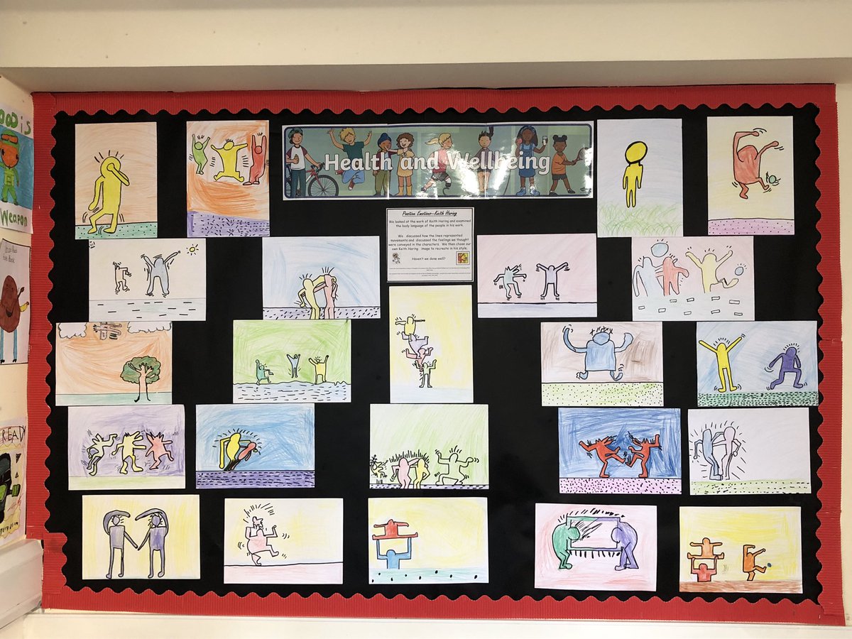beanxmrsedwards's tweet photo. This week we learned about the artist Keith Haring and learned how he uses lines to convey characters actions and emotions. We looked at his work and selected one to recreate in his style. Didn’t we do well? #BPSArt #BPSHealth https://t.co/fV8mi0twhT