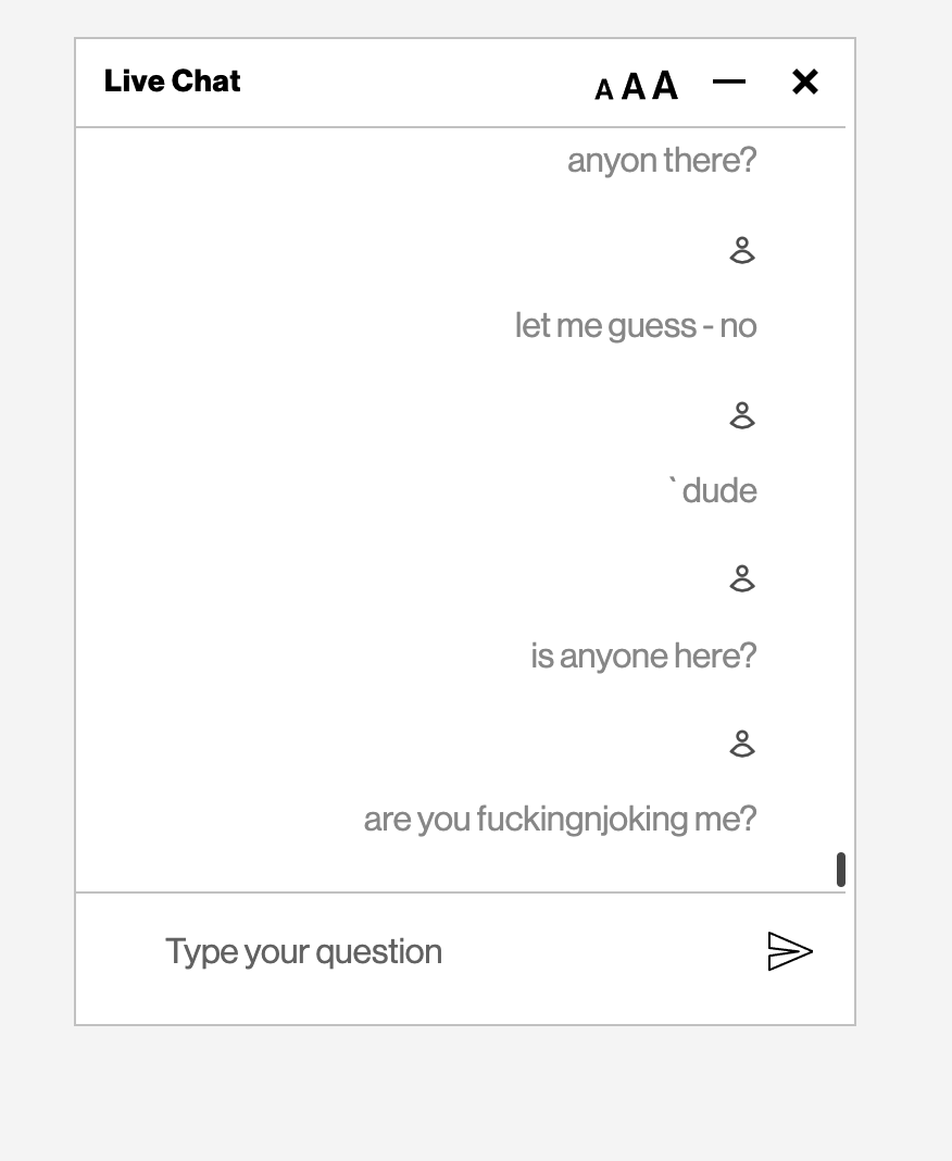 RyanDeveloper's tweet photo. @verizonsupport absolute fucking joke of a "company" - i paid my overdue bill since no one at #verizon knows how to re-instate my account - such a difficult task i know...morons.....lets look at this wonderful chat and delightful conversation,,,,,,such a help https://t.co/OJyaci0Nk3